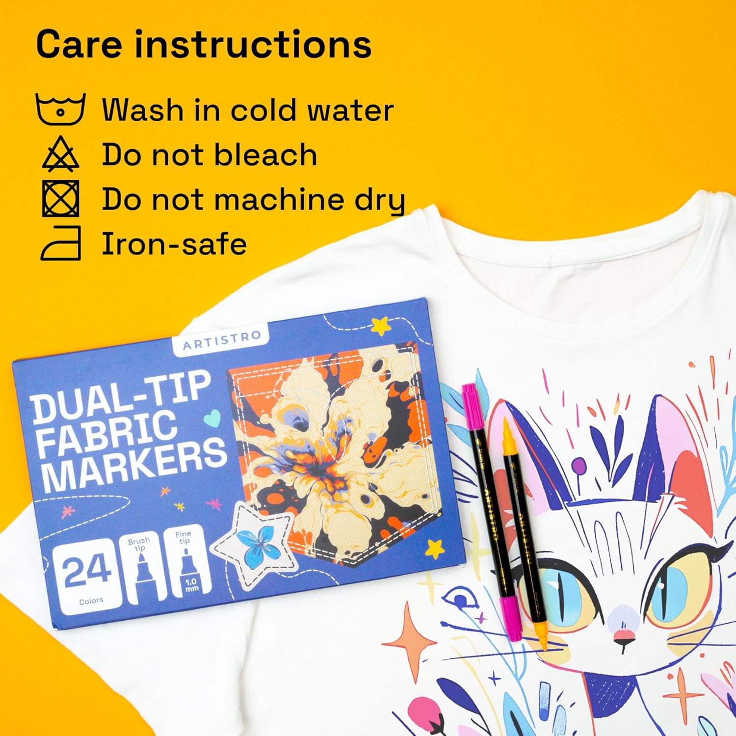 ARTISTRO 24 Dual-Tip Fabric Markers - Fabric Decorating Kit - Permanent for Clothes - No Bleed Pens for T-Shirts, Bags, Textile, Canvas, and More (Brush Tip and Fine Tip)