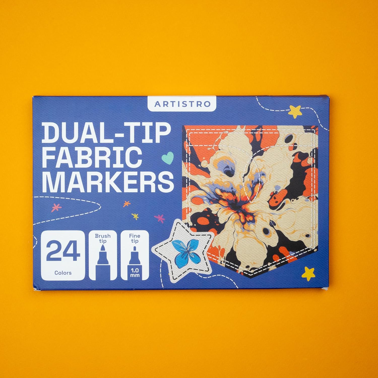 ARTISTRO 24 Dual-Tip Fabric Markers - Fabric Decorating Kit - Permanent for Clothes - No Bleed Pens for T-Shirts, Bags, Textile, Canvas, and More (Brush Tip and Fine Tip)