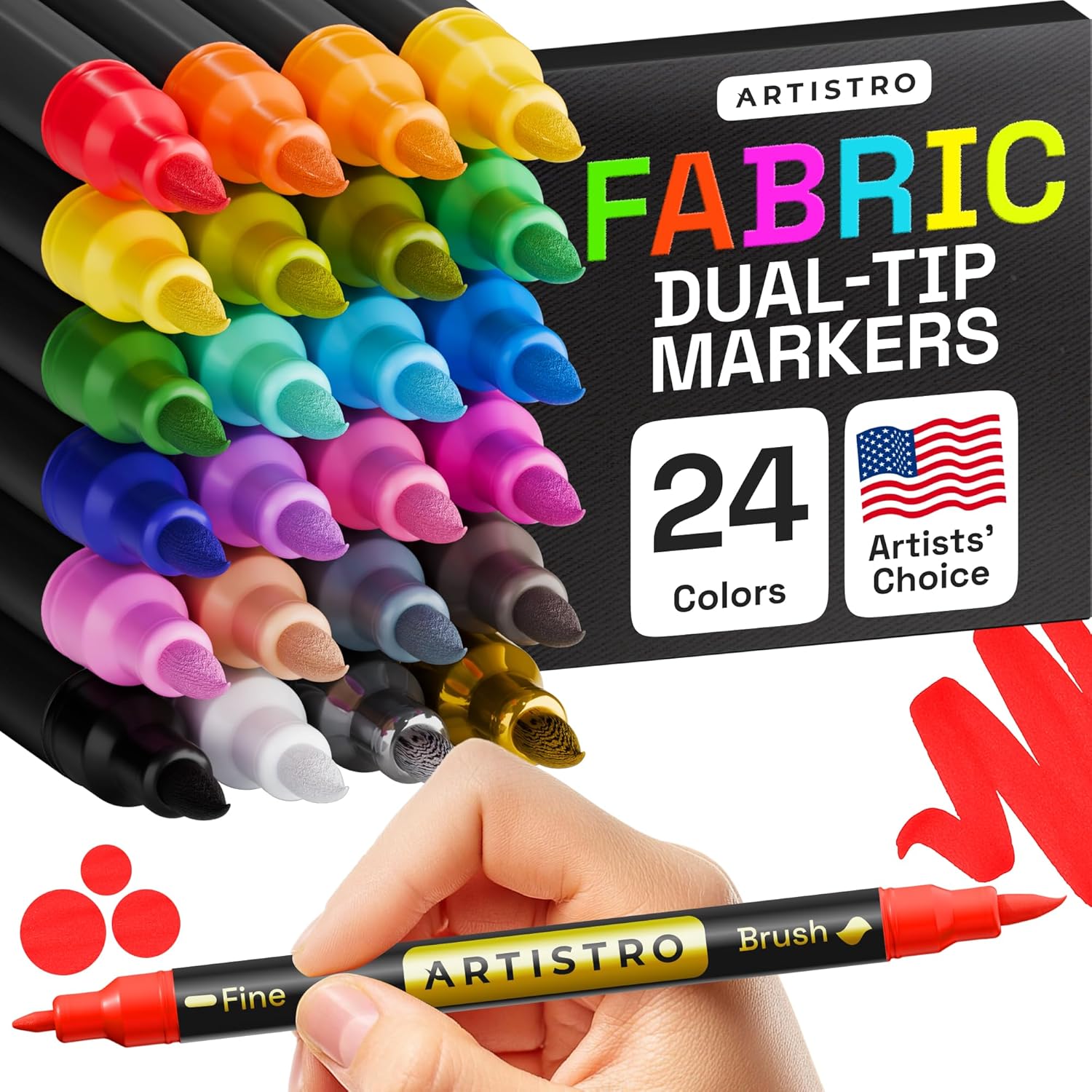 ARTISTRO 24 Dual-Tip Fabric Markers - Fabric Decorating Kit - Permanent for Clothes - No Bleed Pens for T-Shirts, Bags, Textile, Canvas, and More (Brush Tip and Fine Tip)