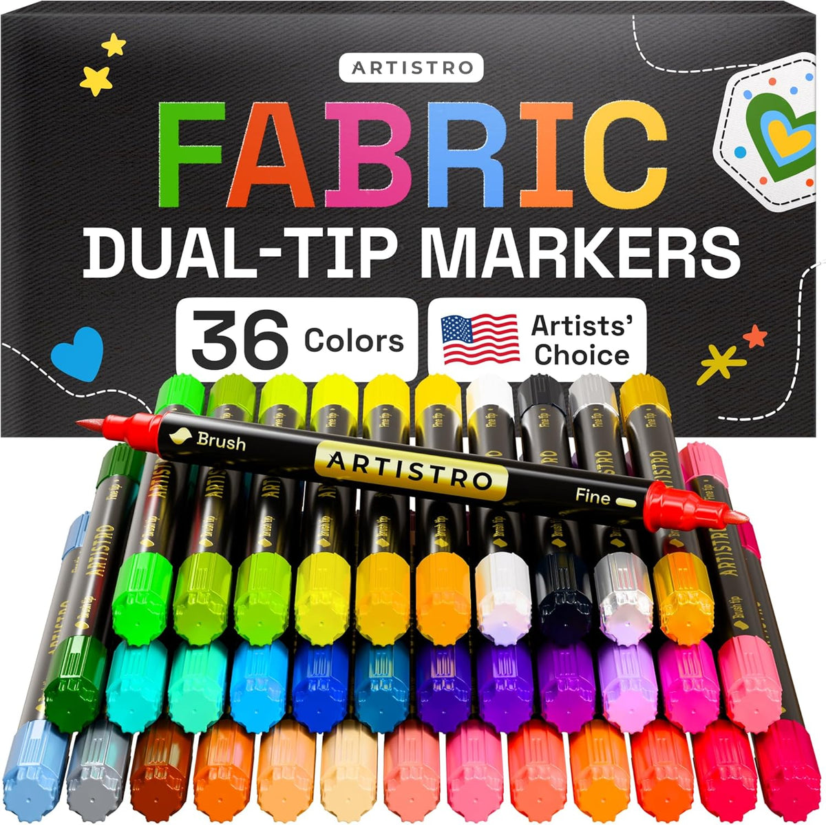 ARTISTRO 36 Dual-Tip Fabric Markers - Fabric Decorating Kit - Permanent for Clothes - No Bleed Pens for T-Shirts, Bags, Textile, Canvas, and More (Brush Tip and Fine Tip)