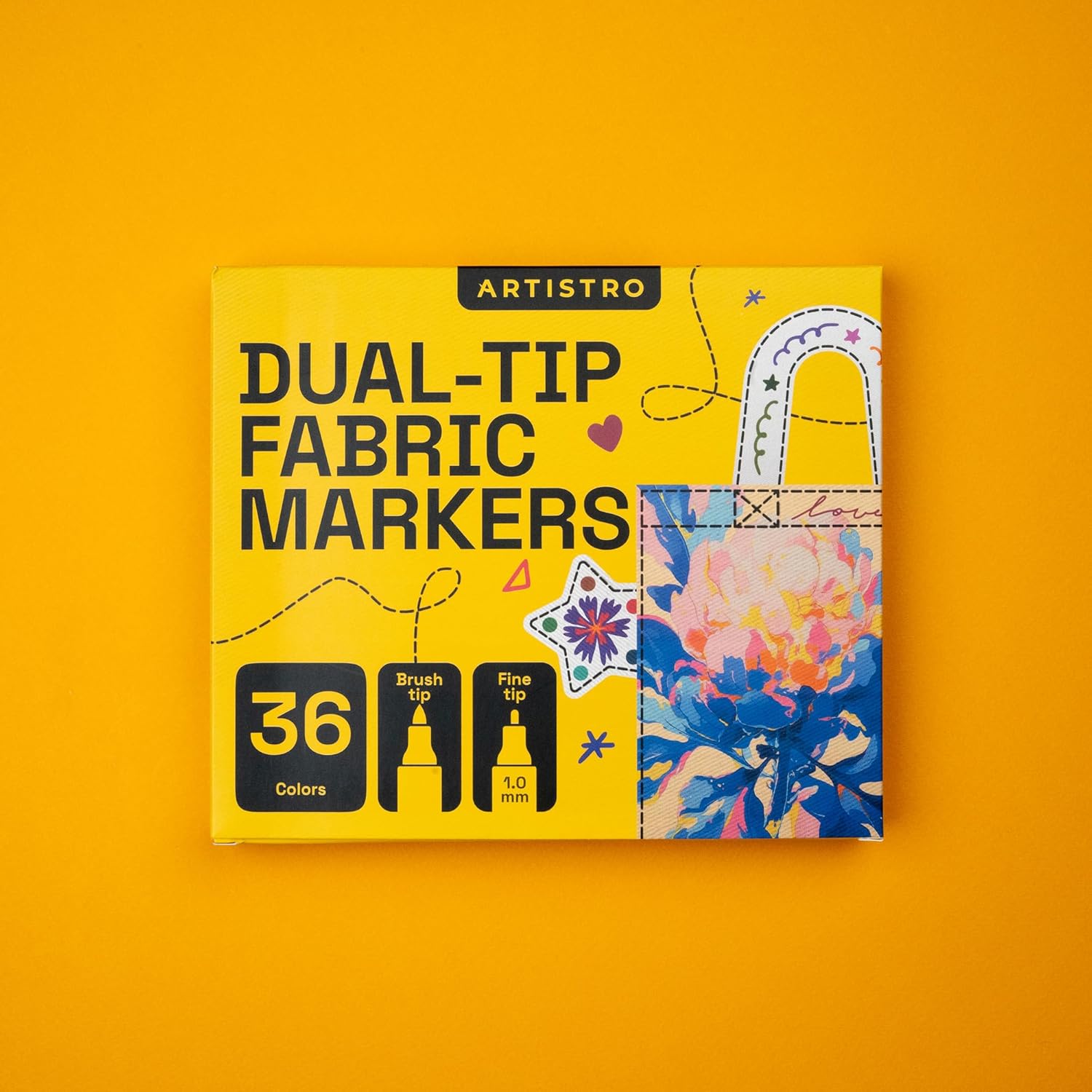 ARTISTRO 36 Dual-Tip Fabric Markers - Fabric Decorating Kit - Permanent for Clothes - No Bleed Pens for T-Shirts, Bags, Textile, Canvas, and More (Brush Tip and Fine Tip)