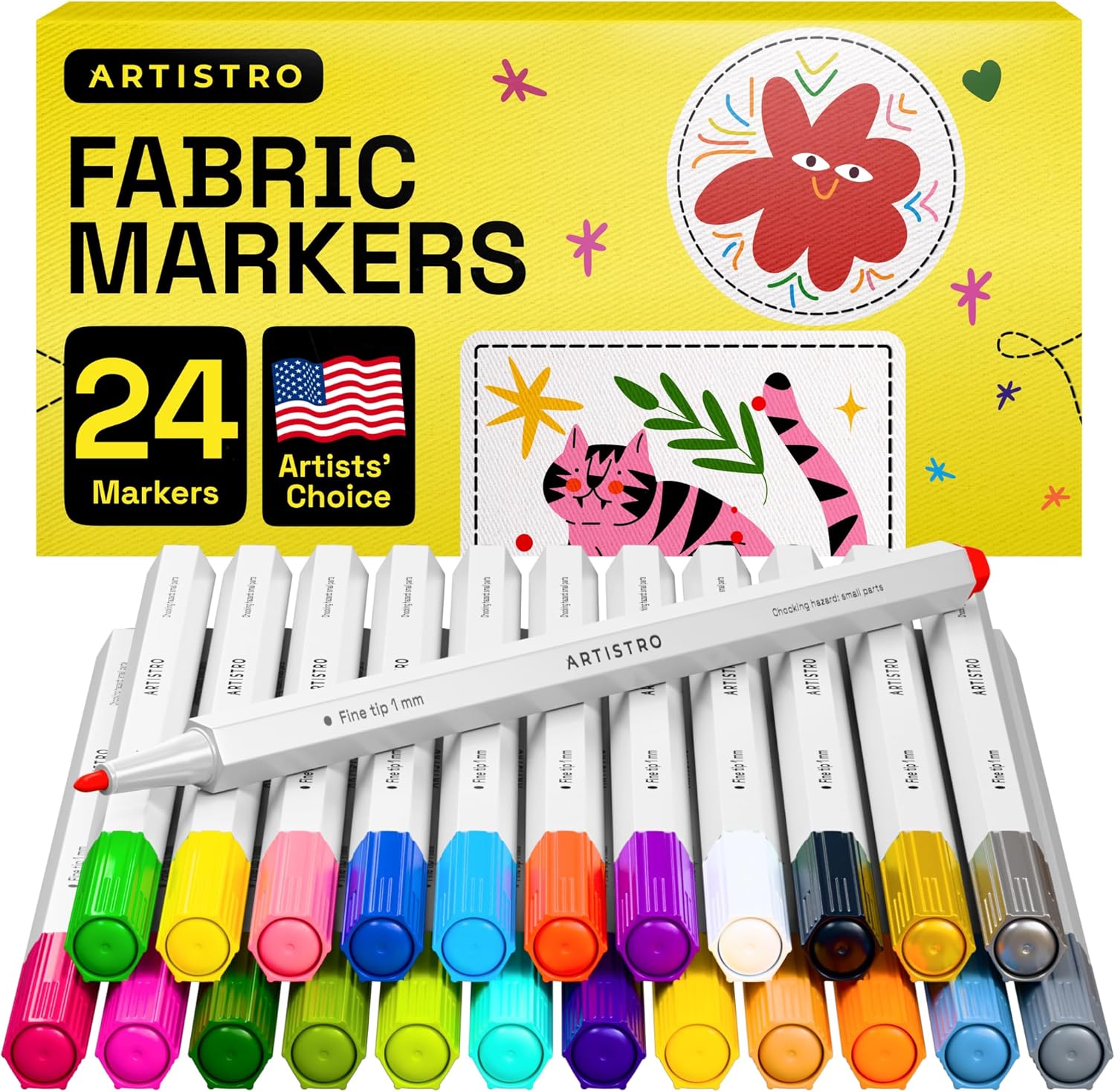 ARTISTRO 24 Fabric Markers - Fine Tip Fabric Markers Permanent for Clothes - No Bleed Pens for T-Shirts, Bags, Textile, Canvas, and more