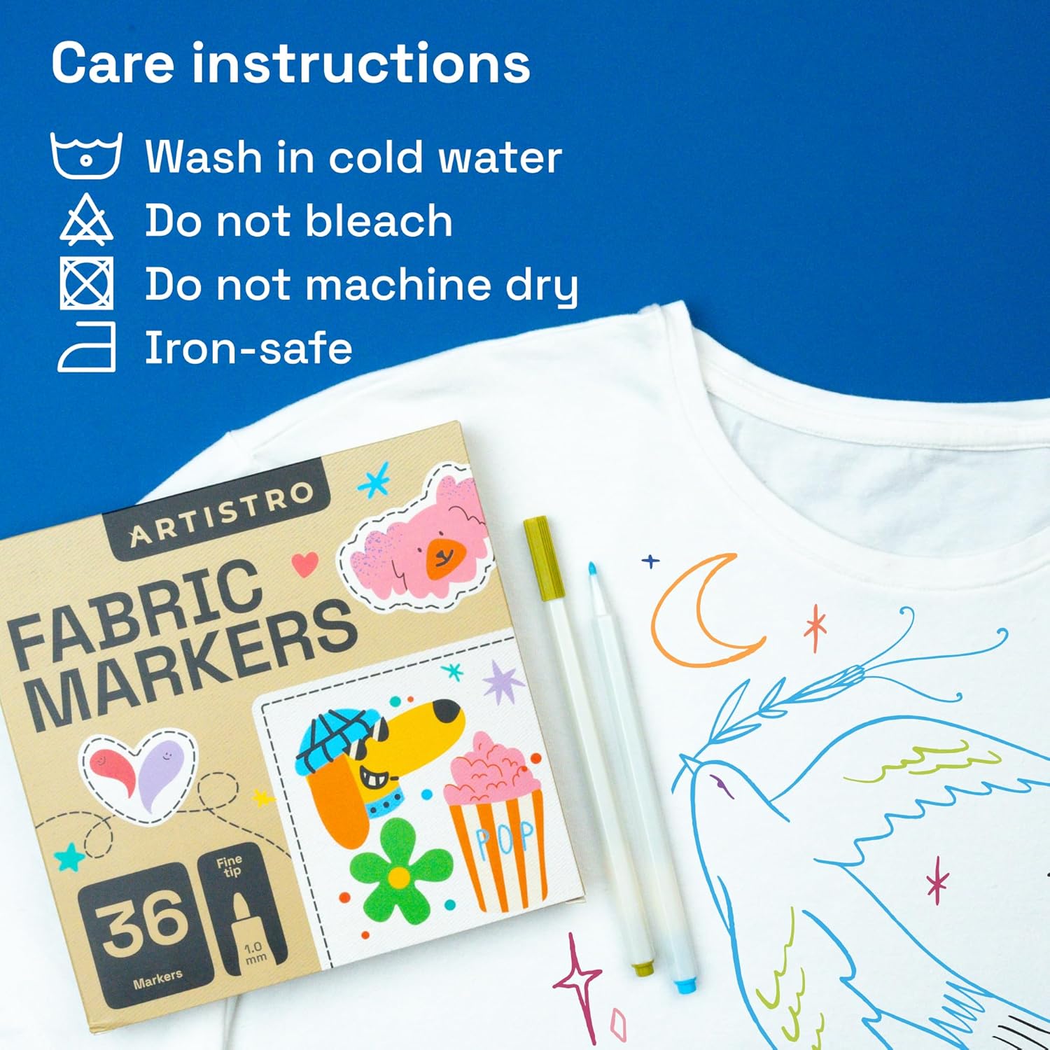 ARTISTRO 24 Fabric Markers - Fine Tip Fabric Markers Permanent for Clothes - No Bleed Pens for T-Shirts, Bags, Textile, Canvas, and more