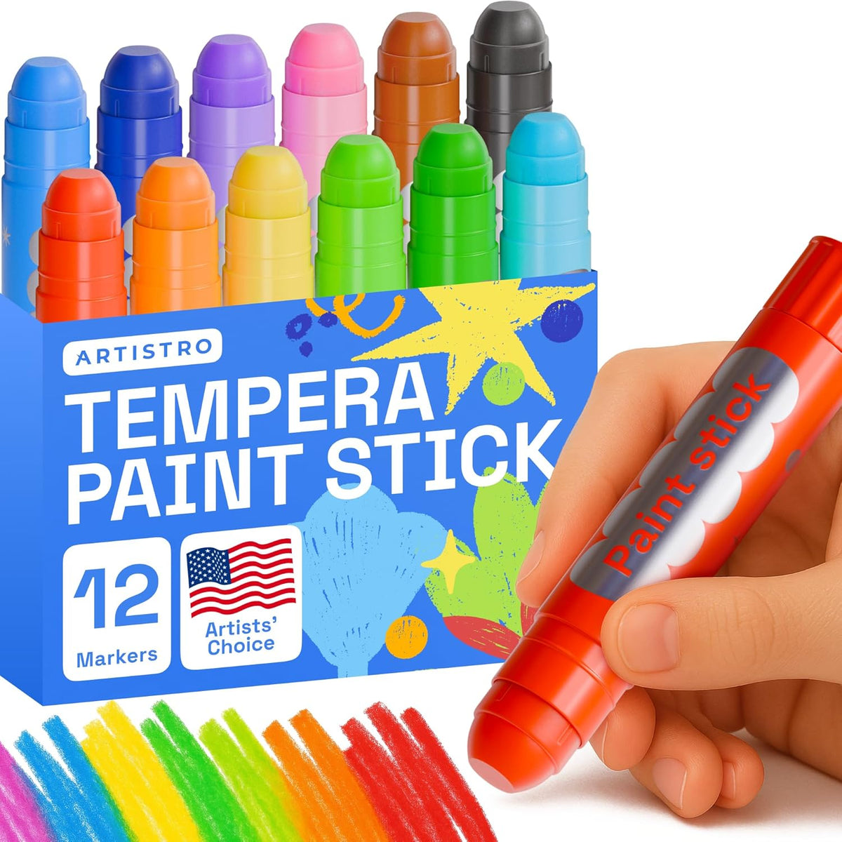 ARTISTRO 100% Washable Tempera Paint Sticks for Kids - 12 Non-toxic Paint Markers for Kids - Color Sticks with Twist Design