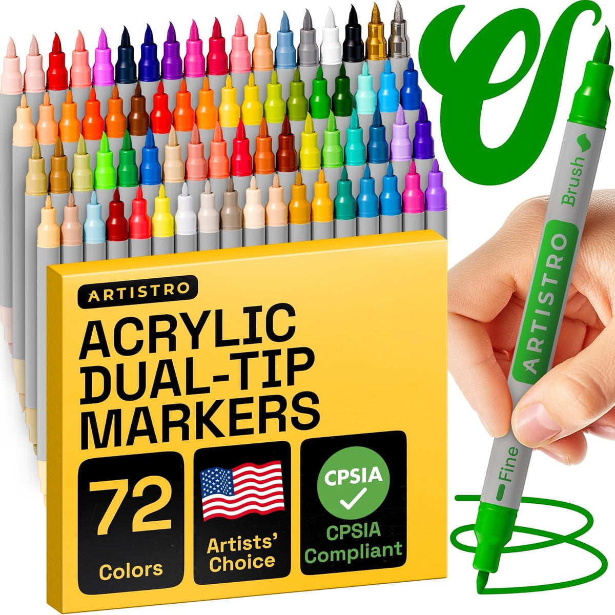 ARTISTRO Dual Tip Acrylic Paint Markers - Easy for All Ages & Levels Acrylic Paint Pens for Fabric, Rocks, Paper, Wood, Canvas, Glass, DIY (Dual Tip Brush + Fine, 72)