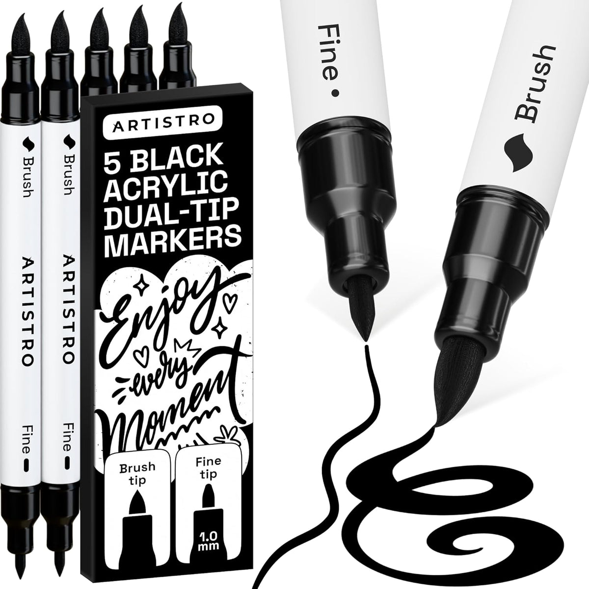 ARTISTRO 5 Black Acrylic Paint Markers - Paint Pens for Drawing, Brush + Fine Tips - For Fabric, Rock, Glass, Wood, DIY - Art & Craft Supplies for Adults, Teens, Kids - Teacher Appreciation Gift