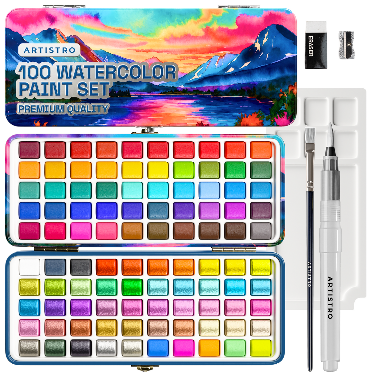 ARTISTRO Watercolor Paint Set, 100 Vivid Colors in Portable Box, Palette set Including Metallic, Fluorescent, Pastel Col