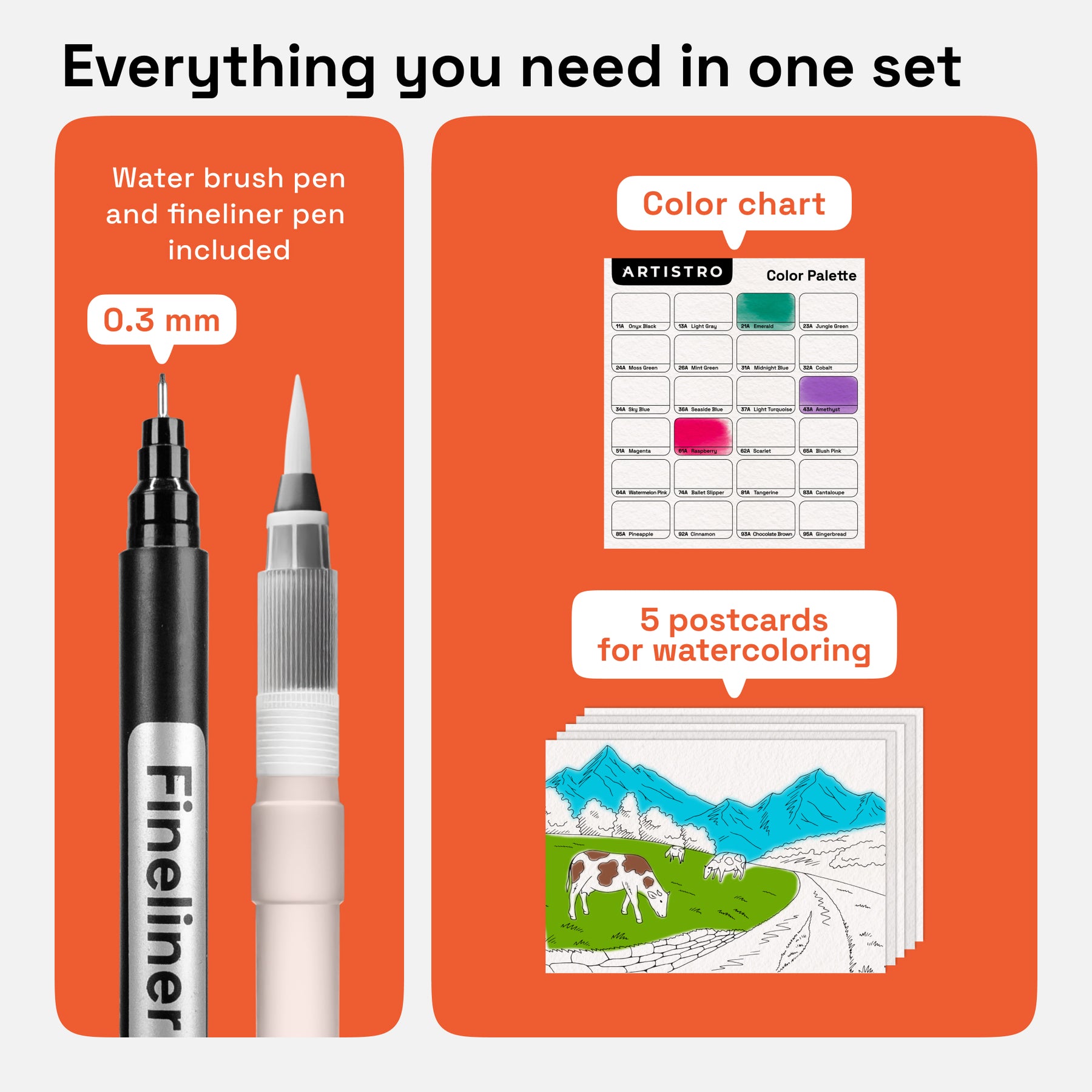 in one set water brush pen and fineliner pen + color chart + 5 postcards