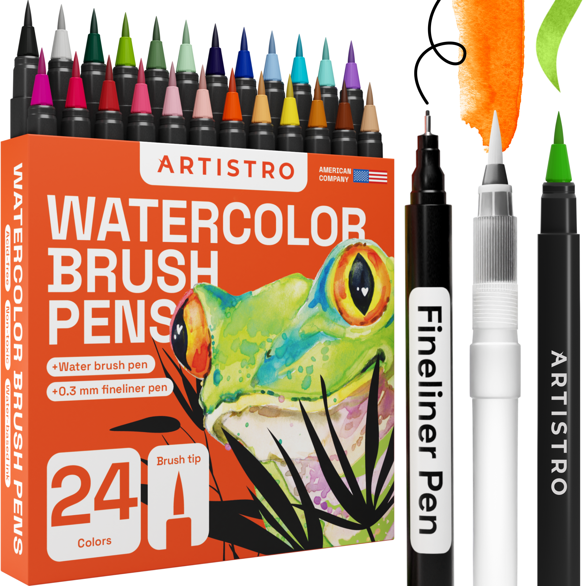 Crafty Croc Watercolor Paint Brush Pens - Set of 24 Vibrant Water Color Brush Markers with Real Nylon Tips for Watercolor