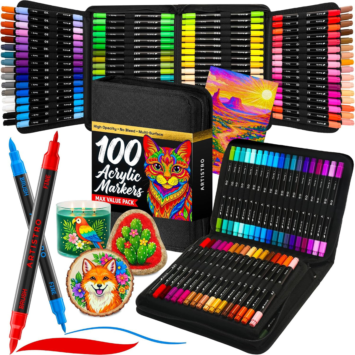 ARTISTRO 100 Dual-Tip Acrylic Paint Marker Pens with Storage Bag