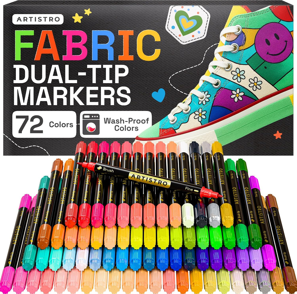 ARTISTRO 72 Multicolor Dual-Tip Fabric Markers Decorating Kit, for Clothes
