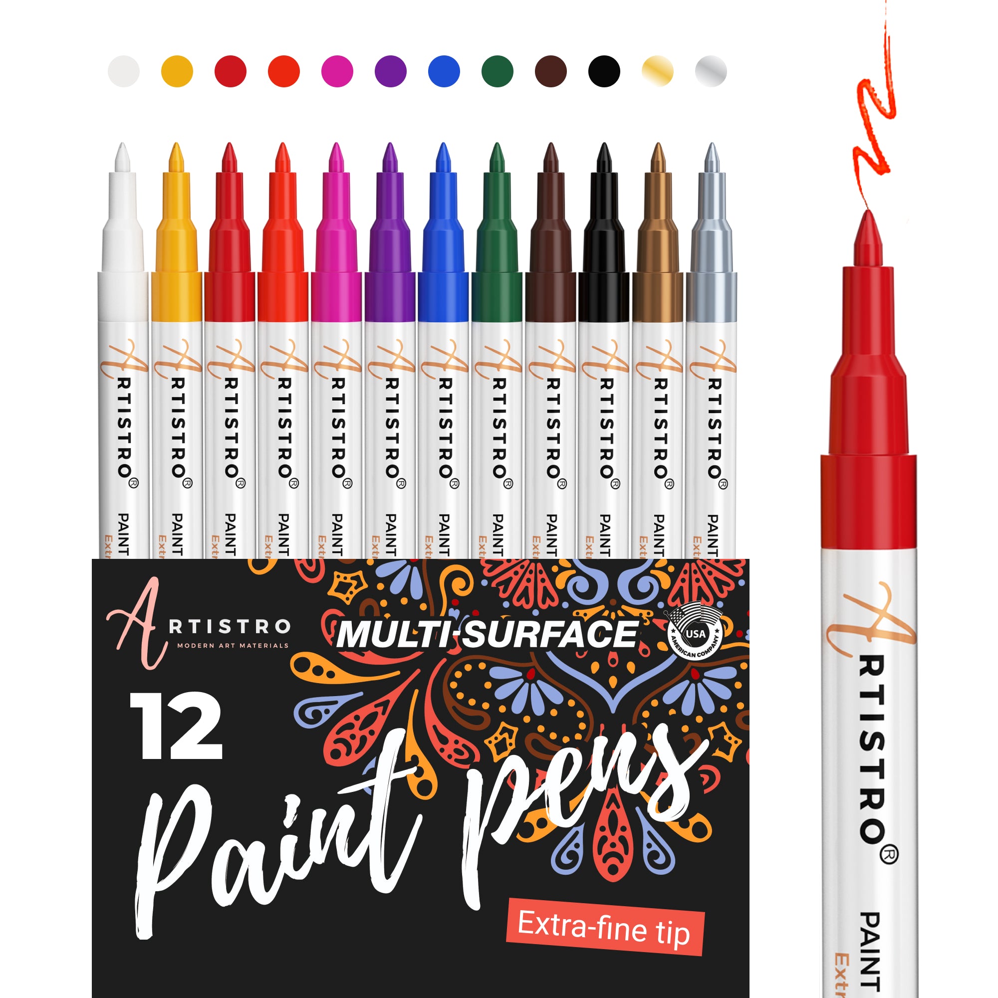 Paint Pens Acrylic Markers Set (12-Color) for Rock Painting, Glass, Wood, Porcelain, Ceramic, Fabric, Paper, Kindness Rocks, Mugs, Calligraphy, Unique