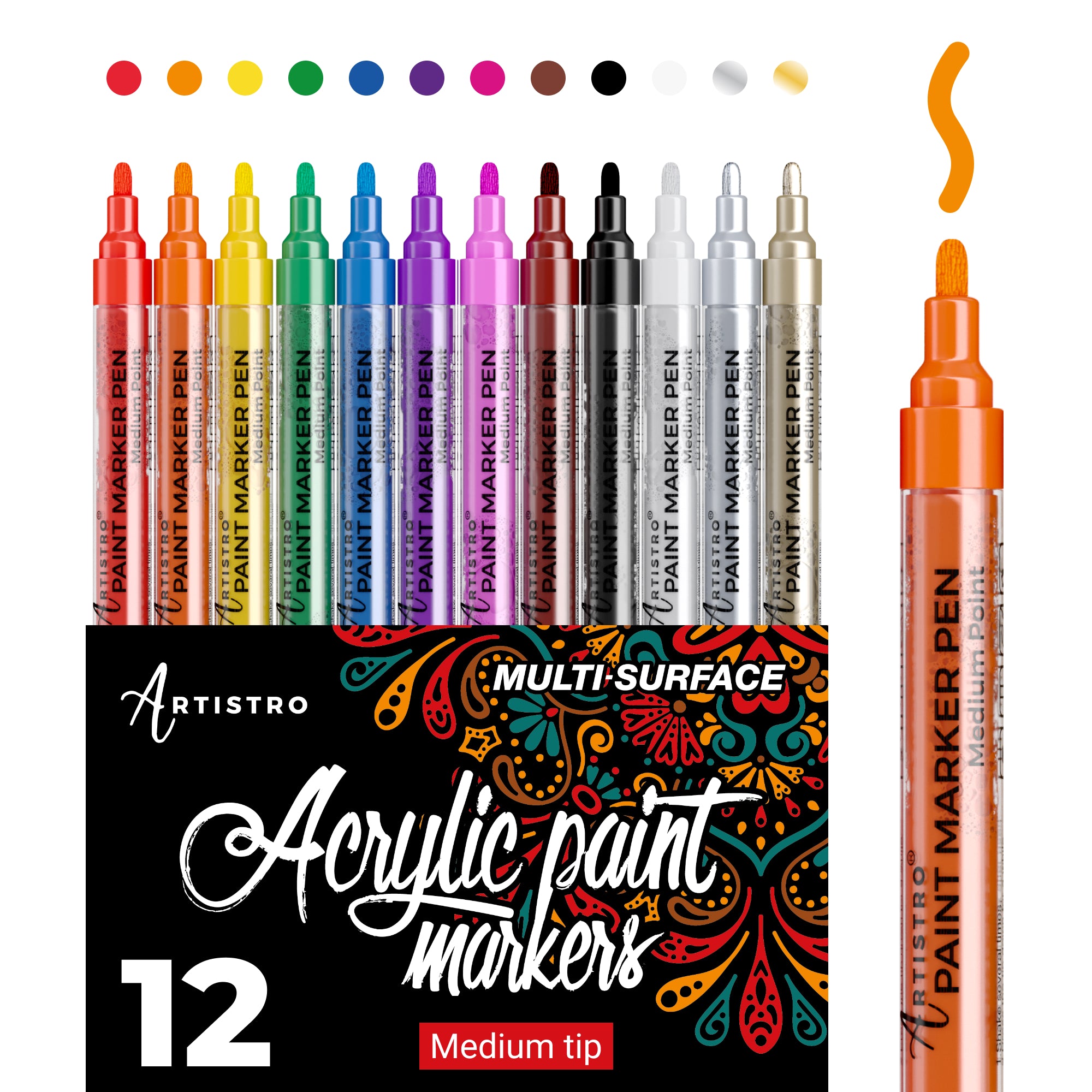 ARTISTRO Set of 12 Acrylic Black Paint Pens Medium Tip, Size: Medium Point Tip 2-3mm