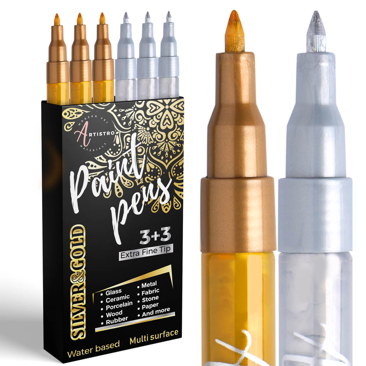 36 ARTISTRO Acrylic Paint Pens | 3 Gold & 3 Silver Extra Fine Tip Markers + 30 Medium Tip Markers for Rock, Wood, Glass, Ceramic Painting