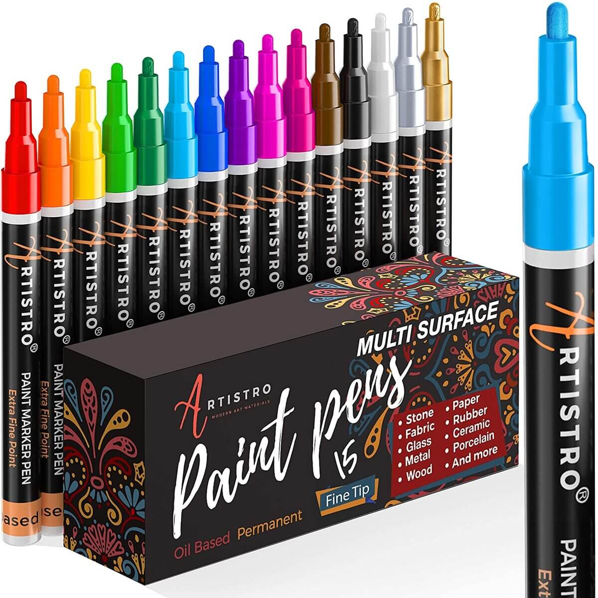 Colozoo | 15 Permanent markers assorted colors | Oil paint pens | Oil based  indelible ink | Perfect for rock, glass, ceramic and plastic painting 