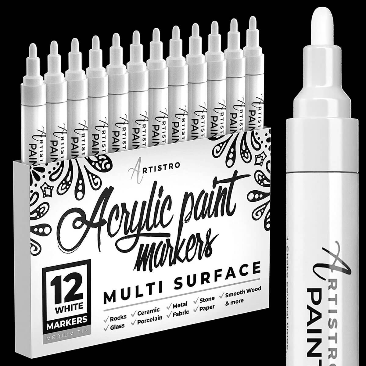 ARTISTRO Set of 12 Medium Tip White Paint Pens for Rock Painting, Stone, Ceramic, Glass, Wood, Tire, Fabric, Metal, Canvas, Size: Medium Tip 1mm