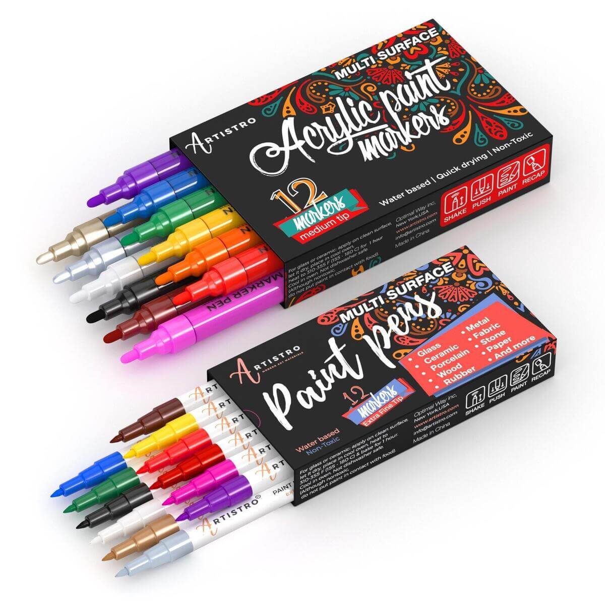 ARTISTRO Acrylic Paint Pens for Fabric, Glass, Wood, Extra Fine Tip, 12 Colored Paint Markers