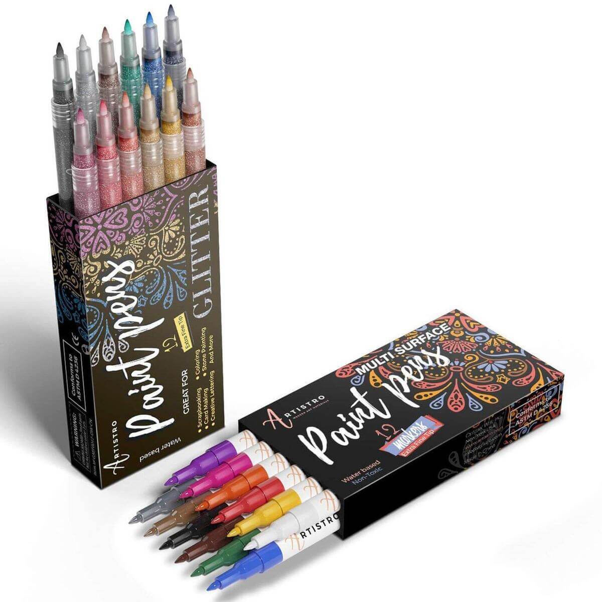 ARTISTRO Acrylic Paint Pens for Fabric, Glass, Extra Fine Tip, 12 Metallic Paint Markers