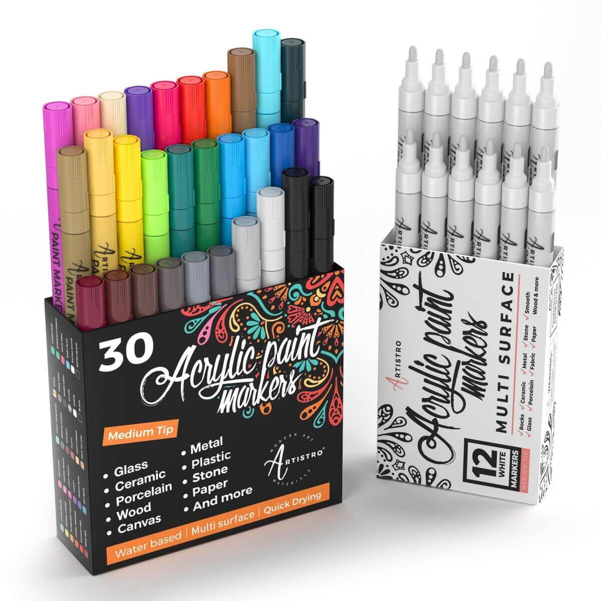 ARTISTRO Acrylic Paint Markers Pens – 30 Acrylic Paint Pens Medium Tip  (2mm) - Great for Rock Painting, Wood, Fabric, Card, Paper, Ceramic & Glass  