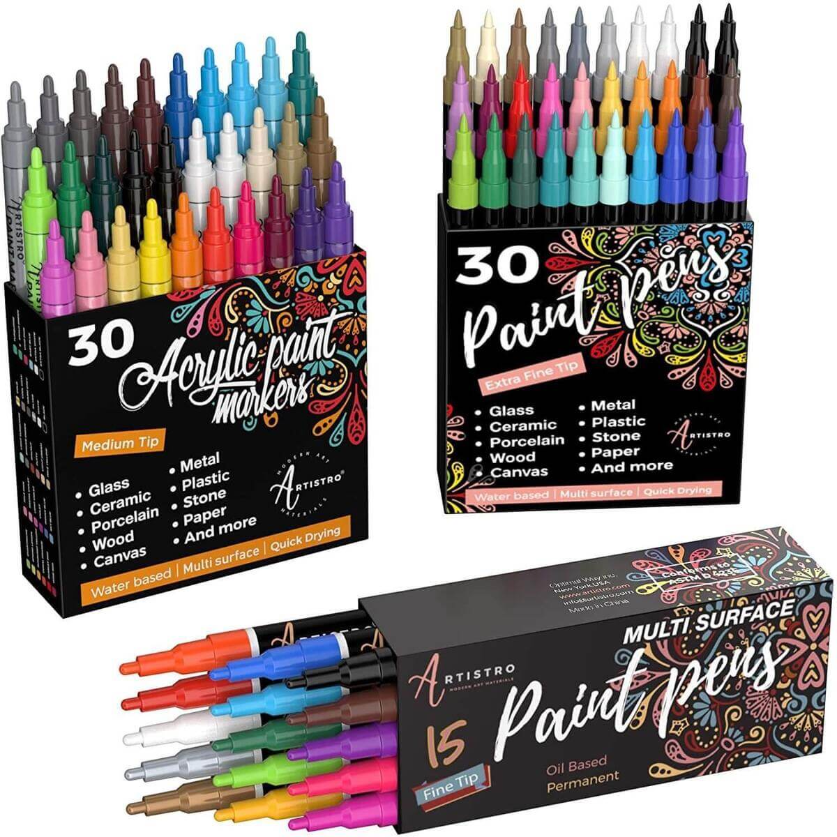 60 Artistro Markers for Art | 30 Acrylic Extra Fine Tip Paint Pens + 30 Acrylic Medium Tip Paint Pens for Rock, Wood, Glass, Ceramic, Metal Painting