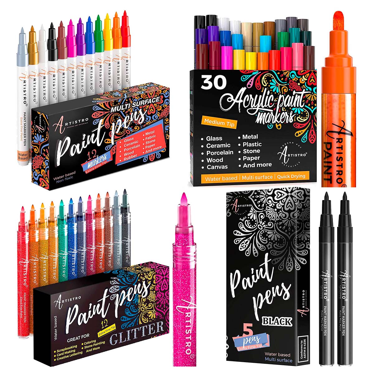 12 Glitter + 12 Multicolor Extra Fine Tip Paint Pens Bundle