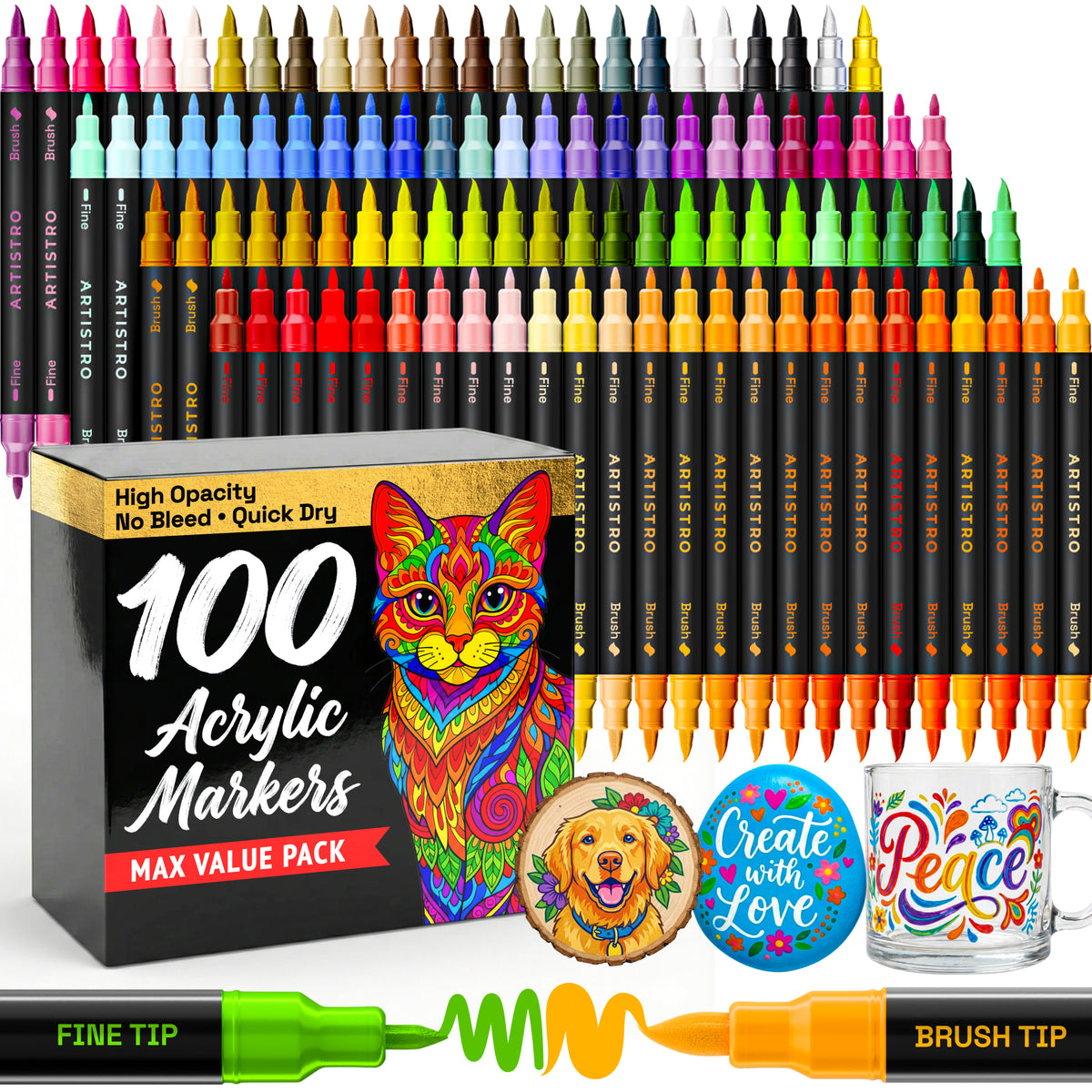 ARTISTRO 100 Dual Tip Acrylic Paint Markers, Paint Pens, Drawing Markers for Textile, Rock, Glass, Wood, Paper, Ceramic, Canvas, DIY, Art Supplies Kit for Kids and Adults (Brush + Fine)