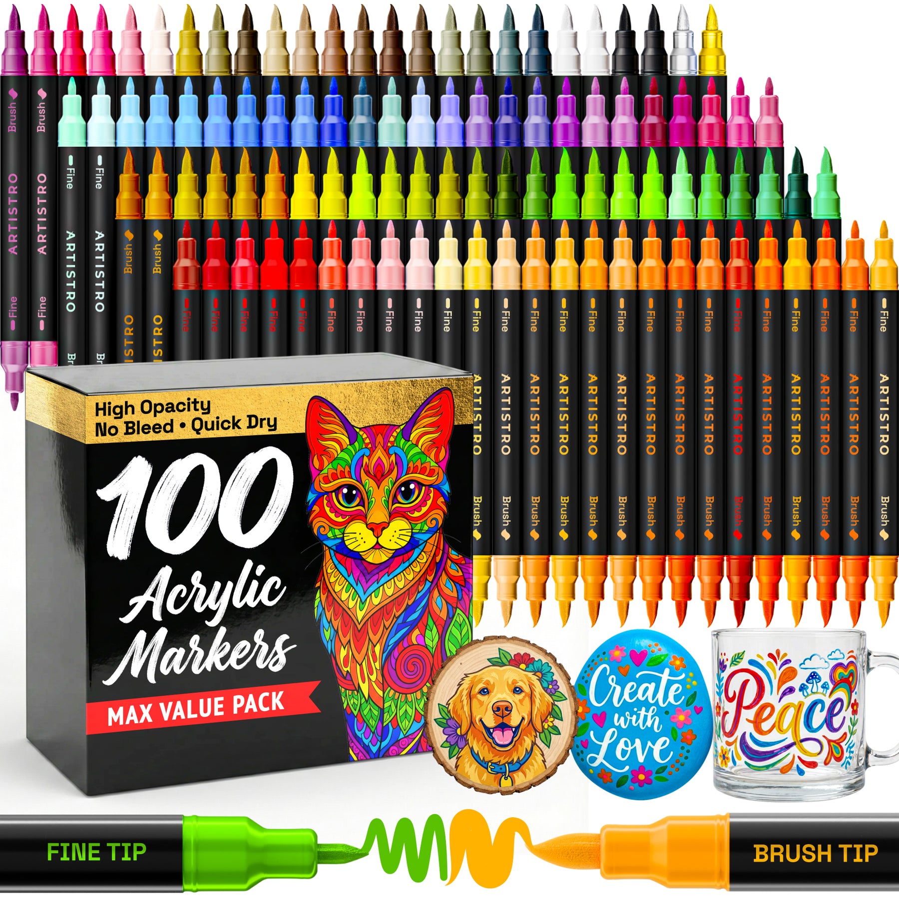 ARTISTRO 100 Dual Tip Acrylic Paint Markers, Paint Pens, Drawing Markers for Textile, Rock, Glass, Wood, Paper, Ceramic, Canvas, DIY, Art Supplies Kit for Kids and Adults (Brush + Fine)