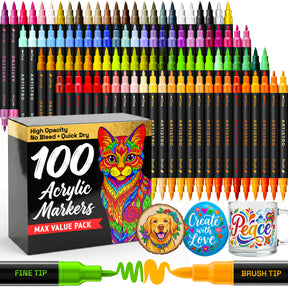 ARTISTRO 100 Dual Tip Acrylic Paint Markers, Paint Pens, Drawing Markers for Textile, Rock, Glass, Wood, Paper, Ceramic, Canvas, DIY, Art Supplies Kit for Kids and Adults (Brush + Fine)