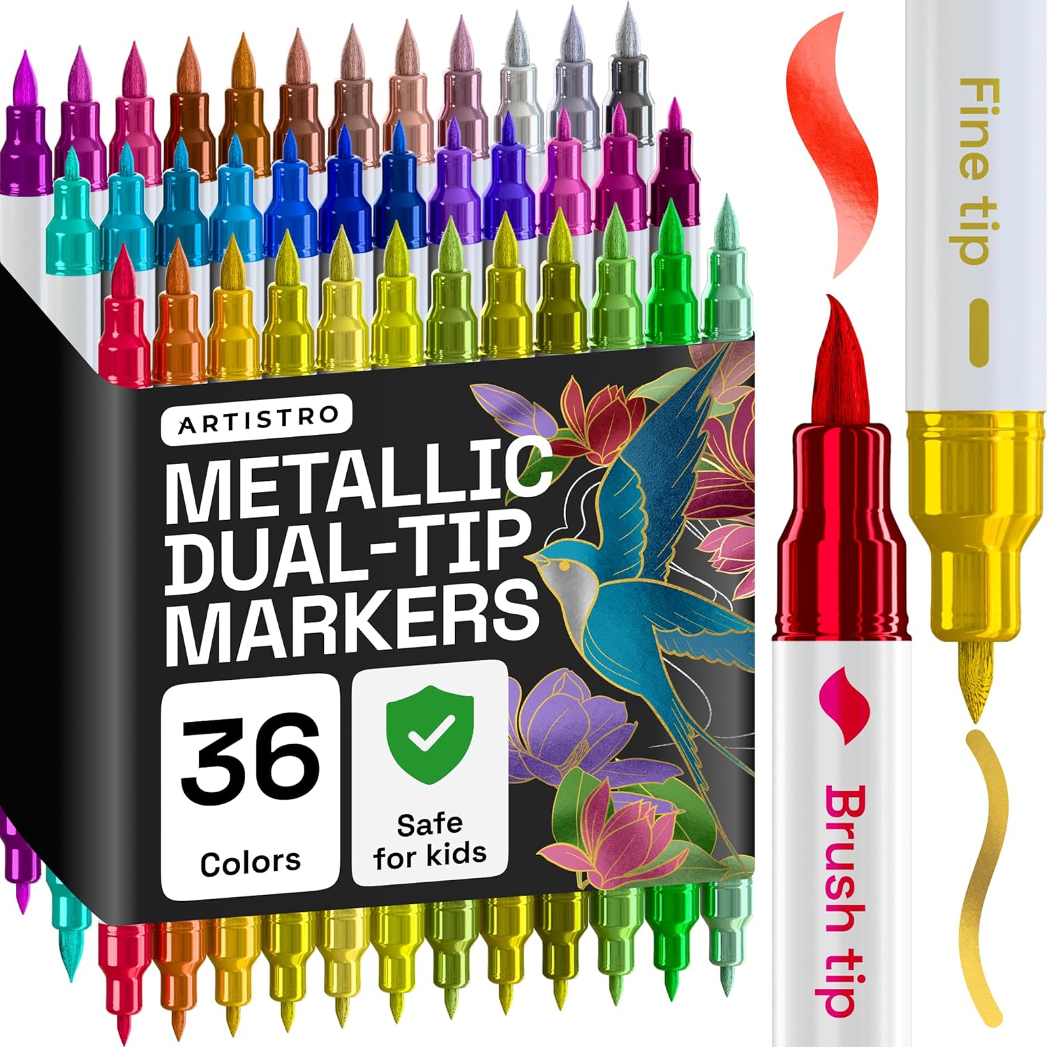 ARTISTRO 36 Metallic Acrylic Paint Markers - Paint Pens for Drawing, Brush + Fine Tips - For Fabric, Rock, Glass, Wood, DIY - Art & Craft Supplies for Adults, Teens, Kids - Teacher Appreciation Gift