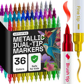 ARTISTRO 36 Metallic Acrylic Paint Markers - Paint Pens for Drawing, Brush + Fine Tips - For Fabric, Rock, Glass, Wood, DIY - Art & Craft Supplies for Adults, Teens, Kids - Teacher Appreciation Gift