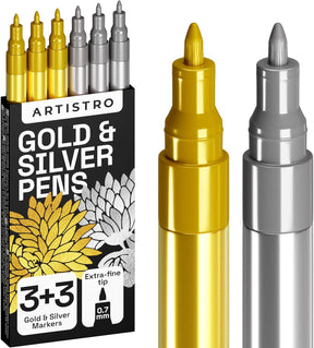 Metallic Acrylic Paint Pens for Rock Painting, Stone, Ceramic, Glass, Wood, Fabric, Canvas, Metal, Scrapbooking (6 Pack) Set of 3 Gold & 3 Silver Acrylic Paint Markers Water-Based Extra-Fine Tip 0.7mm