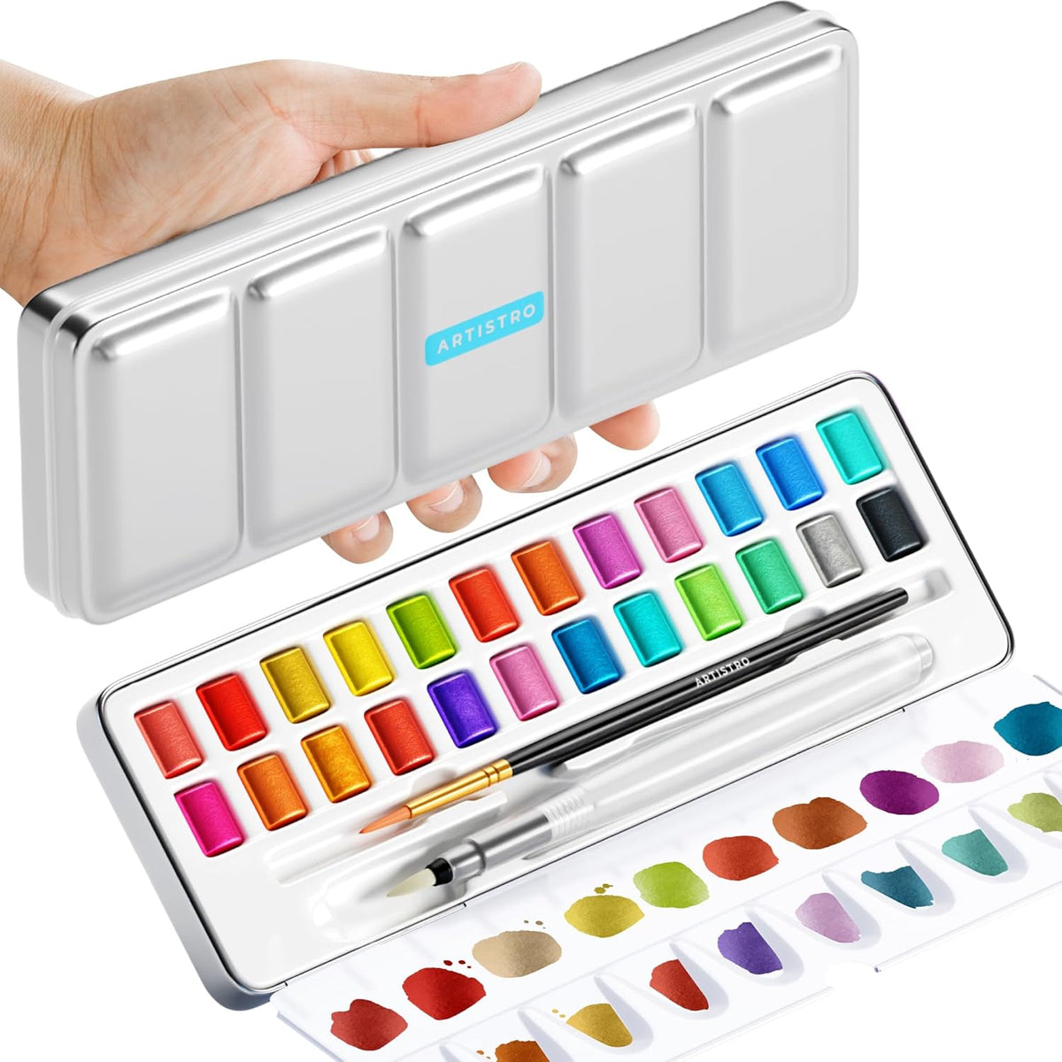 Metallic Watercolor Paint Set 24 Colors, Travel Watercolor Set with Metallic Watercolor Paints, Water Color Paint Sets for Kids, Mini Water Colors Paint Adult Set for Beginners and Amateurs