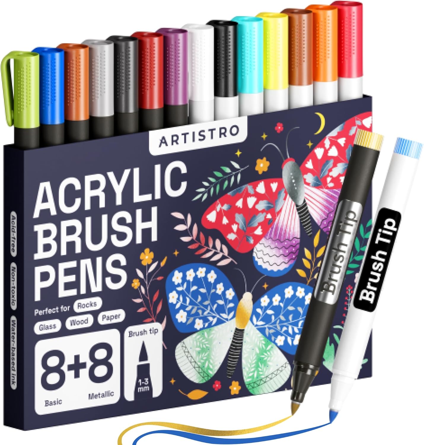 Acrylic Paint Pens Brush Tip, 8 Metallic & 8 Basic Colors Acrylic Paint Markers. Calligraphy Brush Set for Rock Painting, Scrapbooking, Sumi Brush, Lettering, Card Making, Sketching, Black Paper, DIY