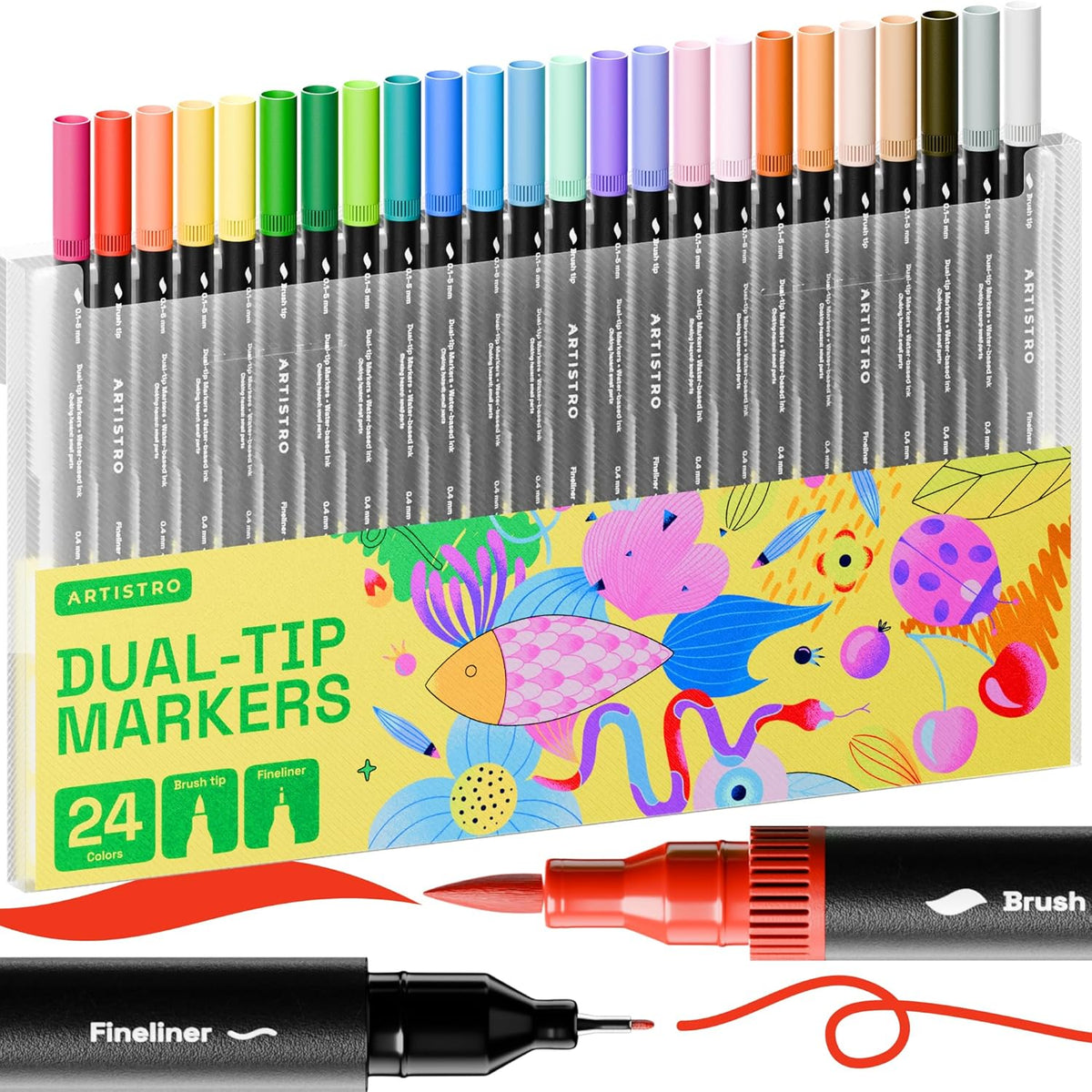 24 Brush Marker Pens Coloring Markers for adults Brush Tip Markers & 0.4mm Fineliner Pens Coloring Markers, Coloring Pens, Bullet Journal Pens, Markers for Coloring Books No Bleeding