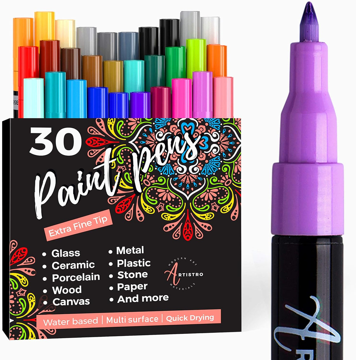 30 Acrylic Paint Pens, Art Set Acrylic Paint Markers, Fabric Markers for Textile, Canvas, Rock, Glass, Wood, Paper, DIY, Paint Markers for Kids and Adults, Extra Fine