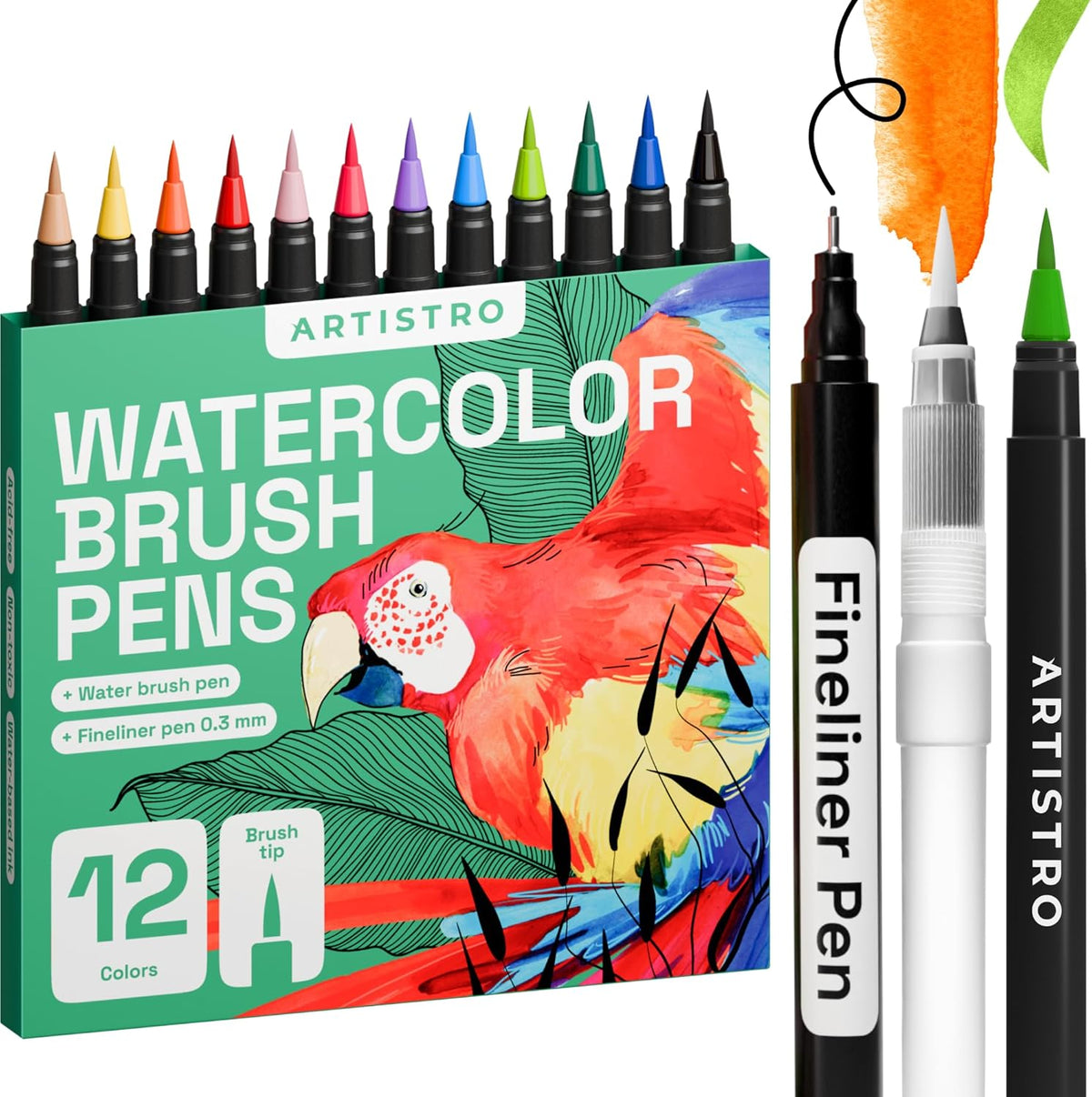 12 Watercolor Markers Set – Gift for Girls, Teens & Beginners – Includes Brush Pens, Fineliner and Water Brush – Vibrant, Non-Toxic, Washable – Ideal for Art, Calligraphy & Fun