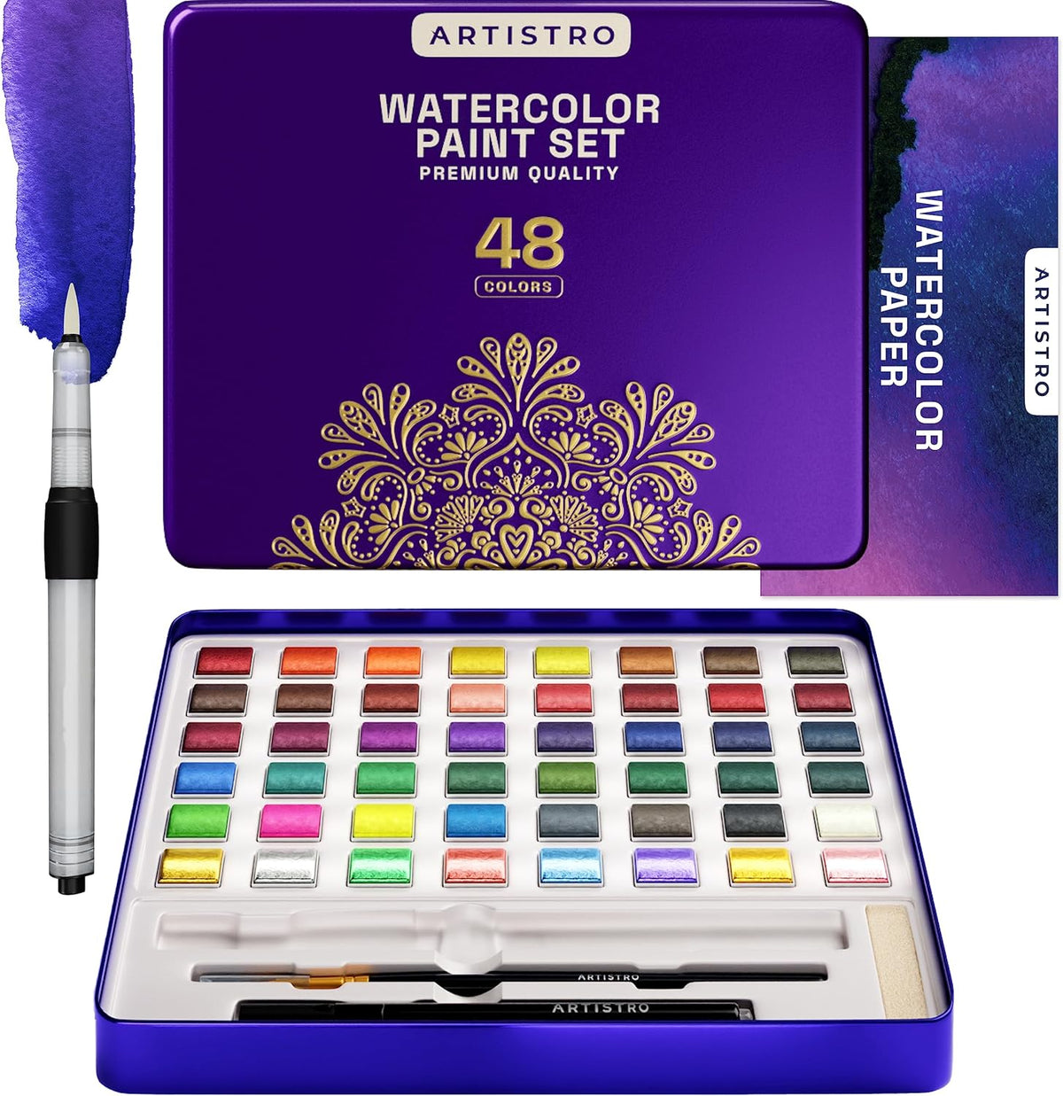 Watercolor Paint Set, 48 Vivid Colors in Portable Box, Including Metallic and Fluorescent Colors. Perfect Travel Watercolor Set for Artists, Amateur Hobbyists and Painting Lovers (Premium Home)