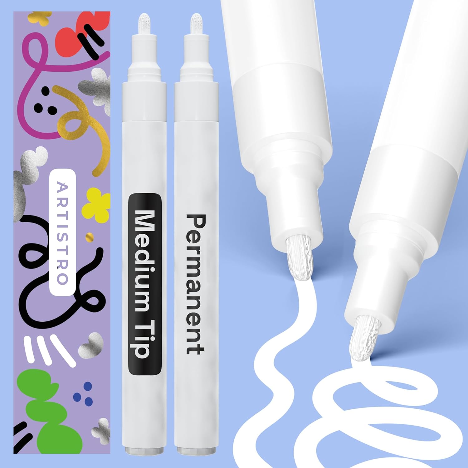 2 White Permanent Marker - Waterproof Markers for Fabric, Rocks, Glass, Wood, Paper - Oil Based Paint Pens - Medium Tip 3mm