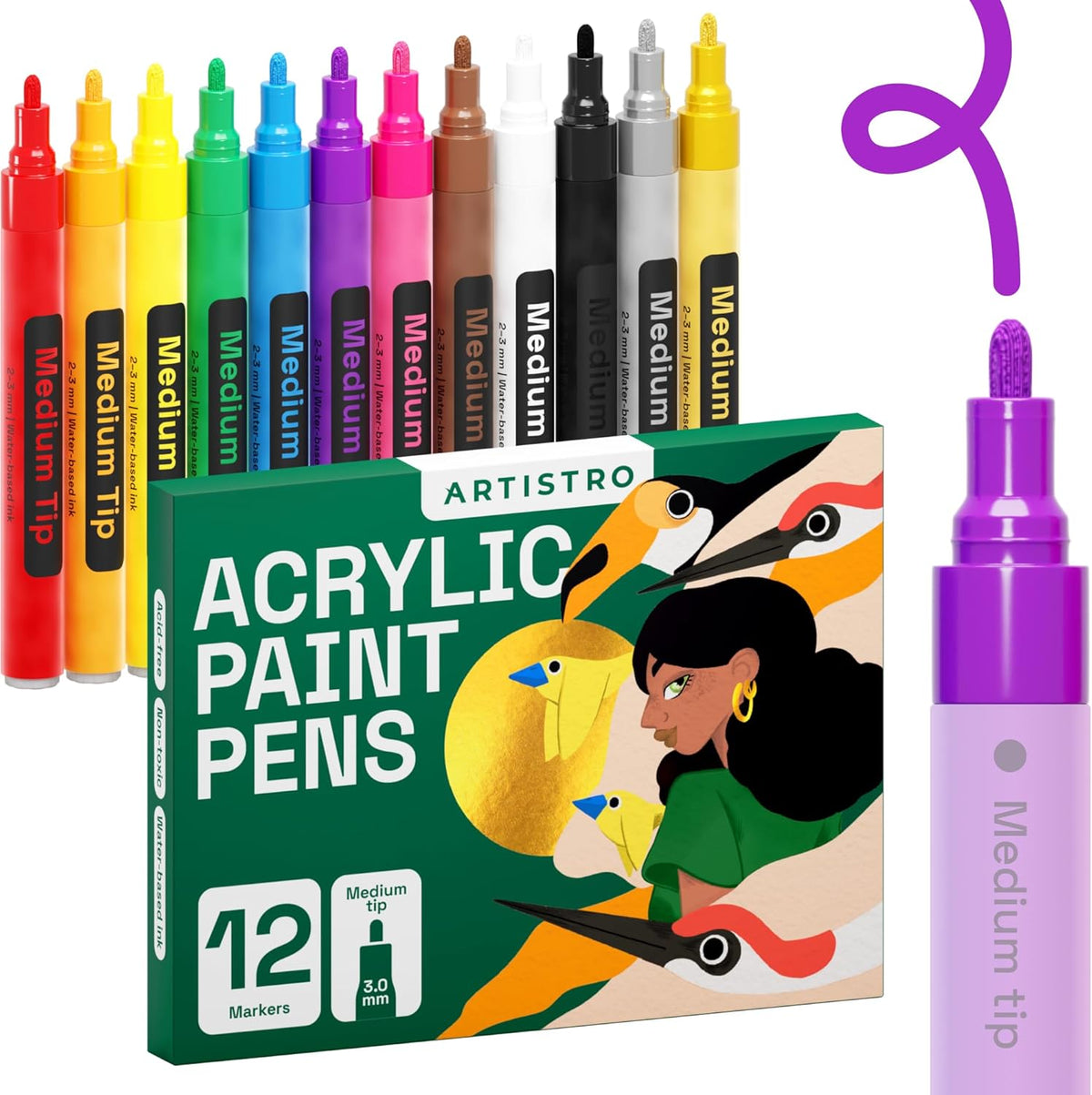 Acrylic Paint Pens, Fabric Markers Acrylic Paint Markers, Acrylic Markers for Fabric, Canvas, Rock, Glass, Wood, Paper, DIY, Paint Markers, Multicolor (Medium Tip, 12)