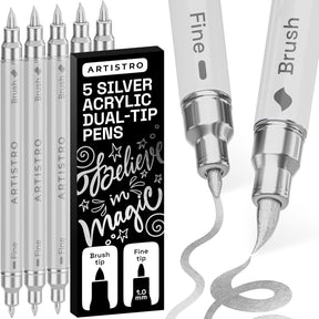 ARTISTRO 5 Silver Acrylic Paint Markers - Paint Pens for Drawing, Brush + Fine Tips - For Fabric, Rock, Glass, Wood, DIY - Art & Craft Supplies for Adults, Teens, Kids - Teacher Appreciation Gift