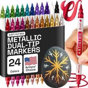 24 Acrylic Paint Pens, Art Set Acrylic Paint Markers Dual Tip (Brush + Fine 1mm), Acrylic Markers for Fabric, Canvas, Rock, Glass, Wood, Paper, DIY, Paint Markers Metallic