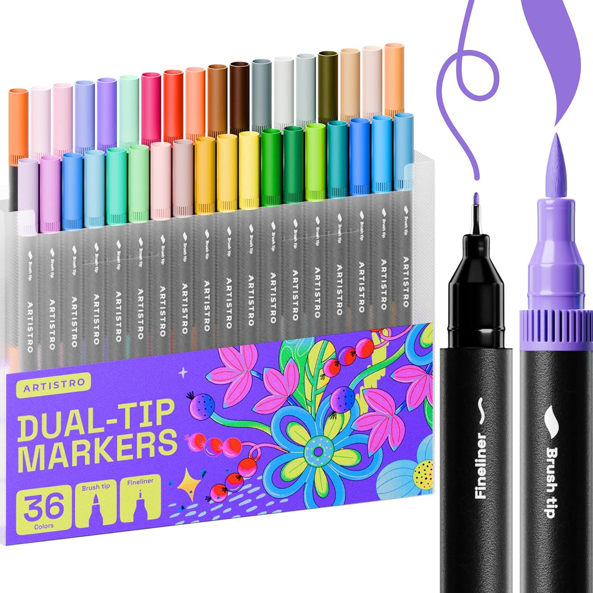 36 Brush Marker Pens Coloring Markers for adults Brush Tip Markers & 0.4mm Fineliner Pens Coloring Markers, Coloring Pens, Bullet Journal Pens, Markers for Coloring Books No Bleeding