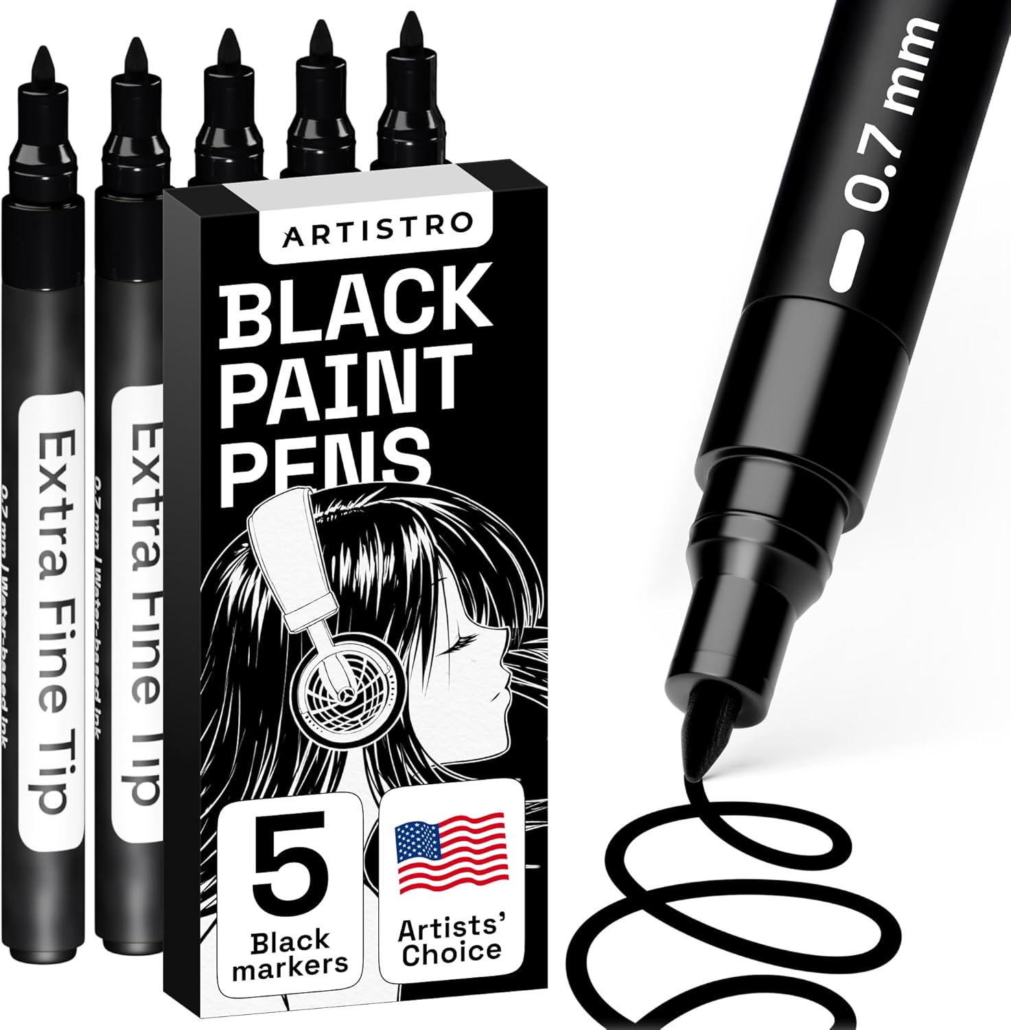 Black Paint Pens for Rock Painting, Stone, Ceramic, Glass, Wood, Tire, Fabric, Metal, Canvas. Set of 5 Water Based Black Markers for Acrylic Painting Extra Fine Point Tip