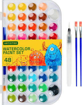 Washable Watercolor Paint Set 48 Colors with 2 brushes, Refillable Water Brush Pen and Palette, Water Color Paint Set for Kids, Adults, Beginner Artists (1)