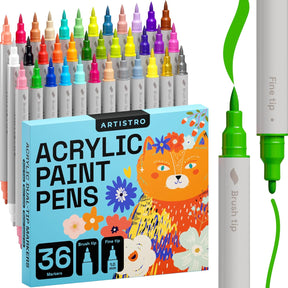 Dual Tip Acrylic Paint Markers - Easy for All Ages & Levels Acrylic Paint Pens for Fabric, Rocks, Paper, Wood, Canvas, Glass, DIY (Dual Tip Brush + Fine, 36)