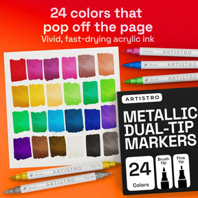 ARTISTRO 24 Metallic Acrylic Paint Markers - Paint Pens for Drawing, Brush + Fine Tips - For Fabric, Rock, Glass, Wood, DIY - Art & Craft Supplies for Adults, Teens, Kids - Teacher Appreciation Gift