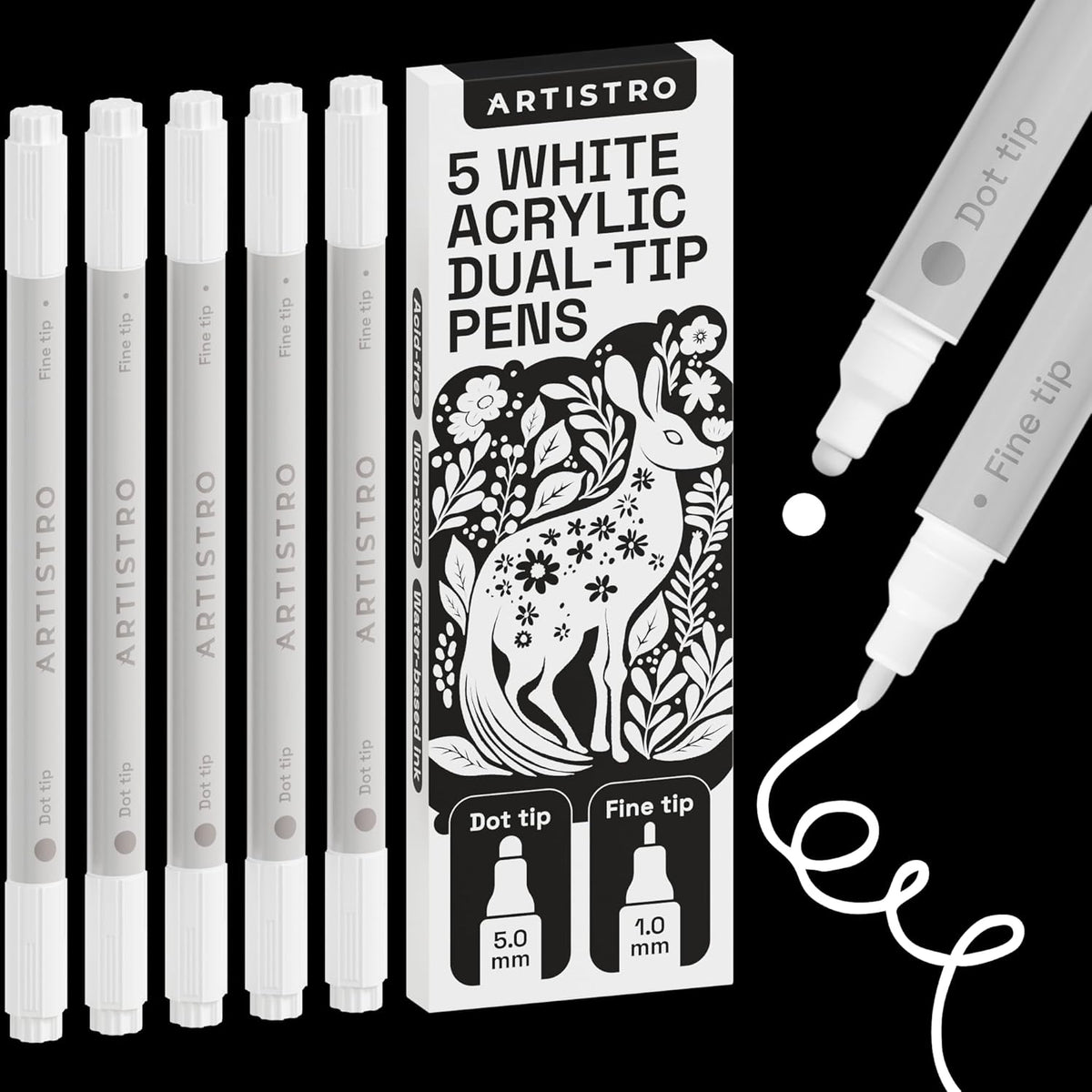 5 White Acrylic Paint Pens, Acrylic Paint Markers Dual Tip, Fabric Markers for Textile, Canvas, Rock, Glass, Wood, Paper, DYI, Paint Markers for Kids and Adults (White)