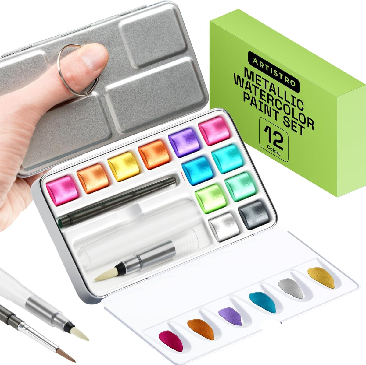 Metallic Watercolor Paint Set 12 Colors, Travel Watercolor Set with Metallic Watercolor Paints, Water Color Paint Sets for Kids, Mini Water Colors Paint Adult Set for Beginners and Amateurs