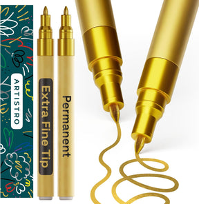 Metallic Markers Permanent - Set of 2 Gold Paint Pen, Oil Based Paint Markers Extra-Fine Tip 0.7mm, Waterproof Paint Pens, for Rock Painting, Ceramic, Glass, Wood, Tire, Fabric & More