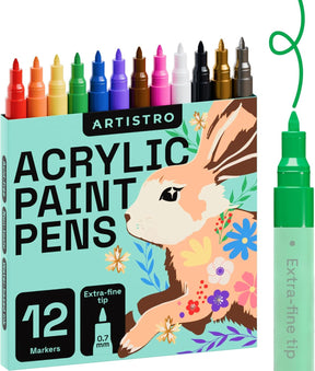 12 Acrylic Paint Pens, Art Set Acrylic Paint Markers, Fabric Markers for Textile, Canvas, Rock, Glass, Wood, Paper, Pumpkin, DIY, Paint Markers for Kids and Adults (Extra Fine Tip)